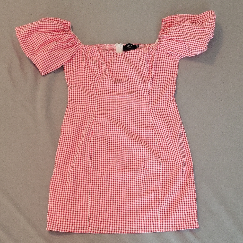 Vici Red And White Gingham Sweetheart Neck Puff Sleeve Mini Dress Size S